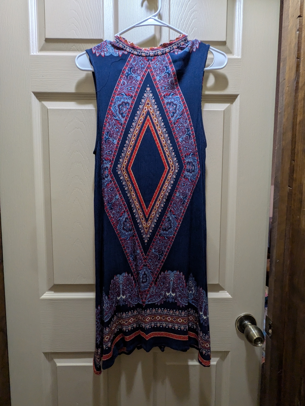 Xhilaration Navy Midi Dress with Red & Orange Geometric Print